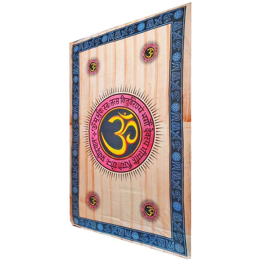 Aum Shanti Yoga Brushstroke Art Geometric Wall Tapestry featuring a blue batik design with Om symbols in the border, perfect for meditation and yoga.