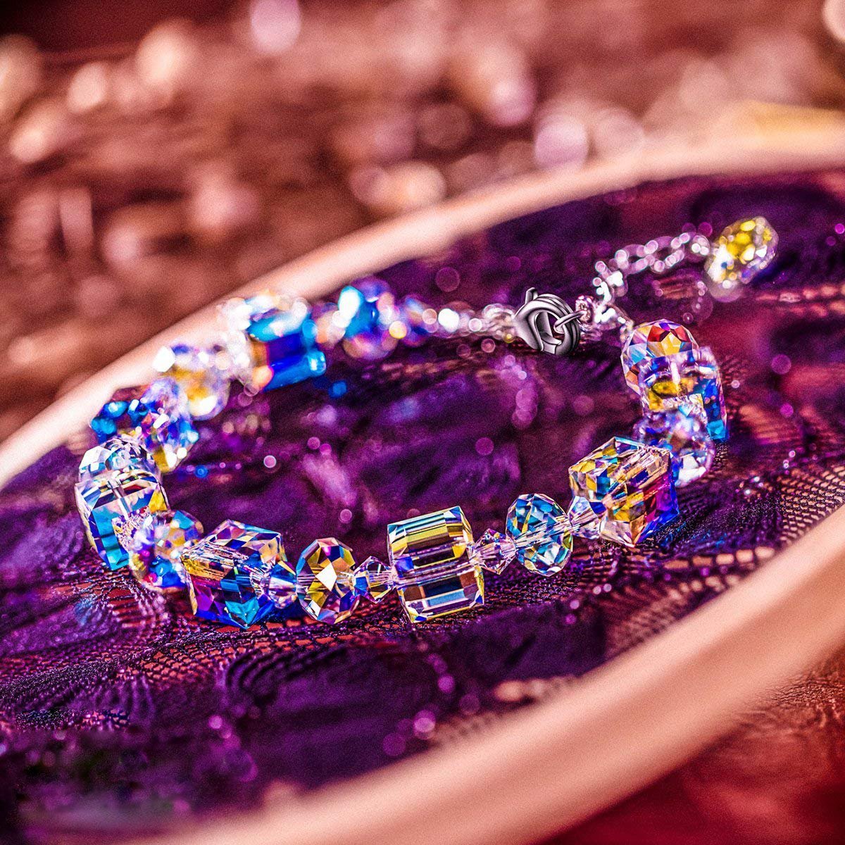 Aurora Borealis Austrian Elements Cubed Stretch Silver Plating bracelet featuring shimmering stones and a lobster clasp.