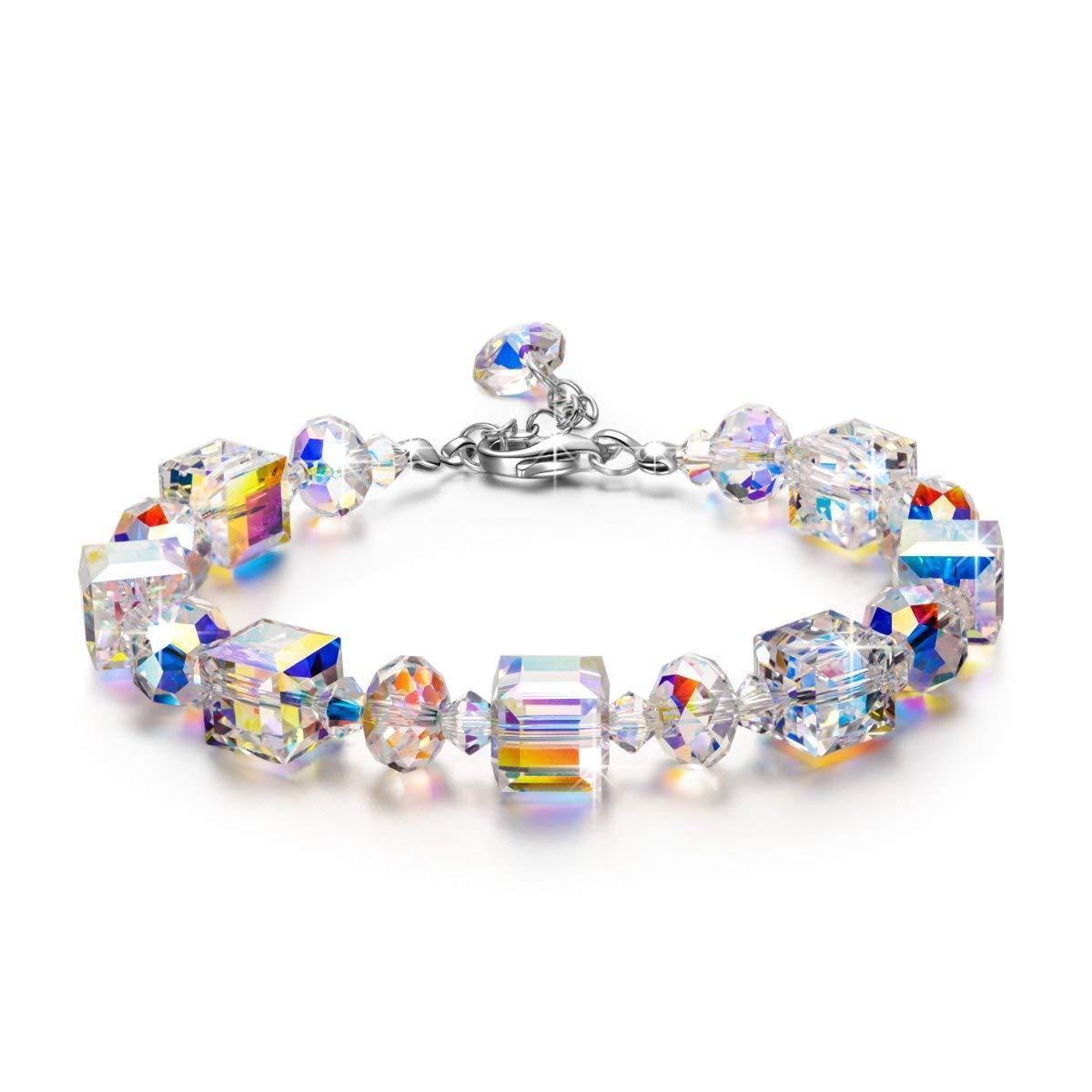 Aurora Borealis Austrian Elements Cubed Stretch Silver Plating bracelet featuring shimmering stones and a lobster clasp.