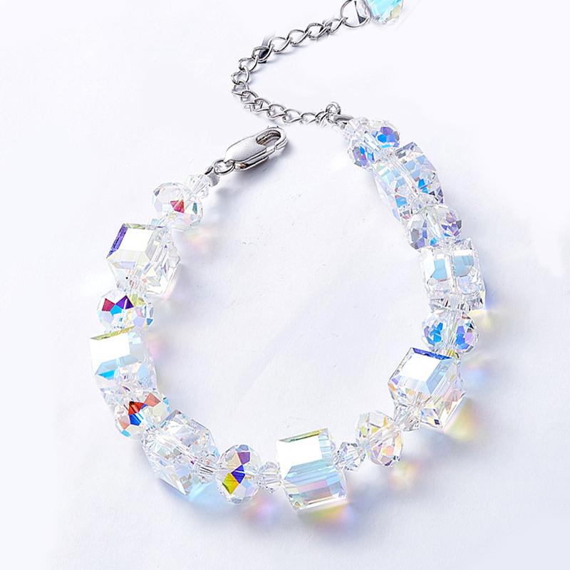 Aurora Borealis Magnificent Cube 3-piece jewelry set featuring a bracelet, necklace, and earrings adorned with Austrian crystals and 18K white gold plating.