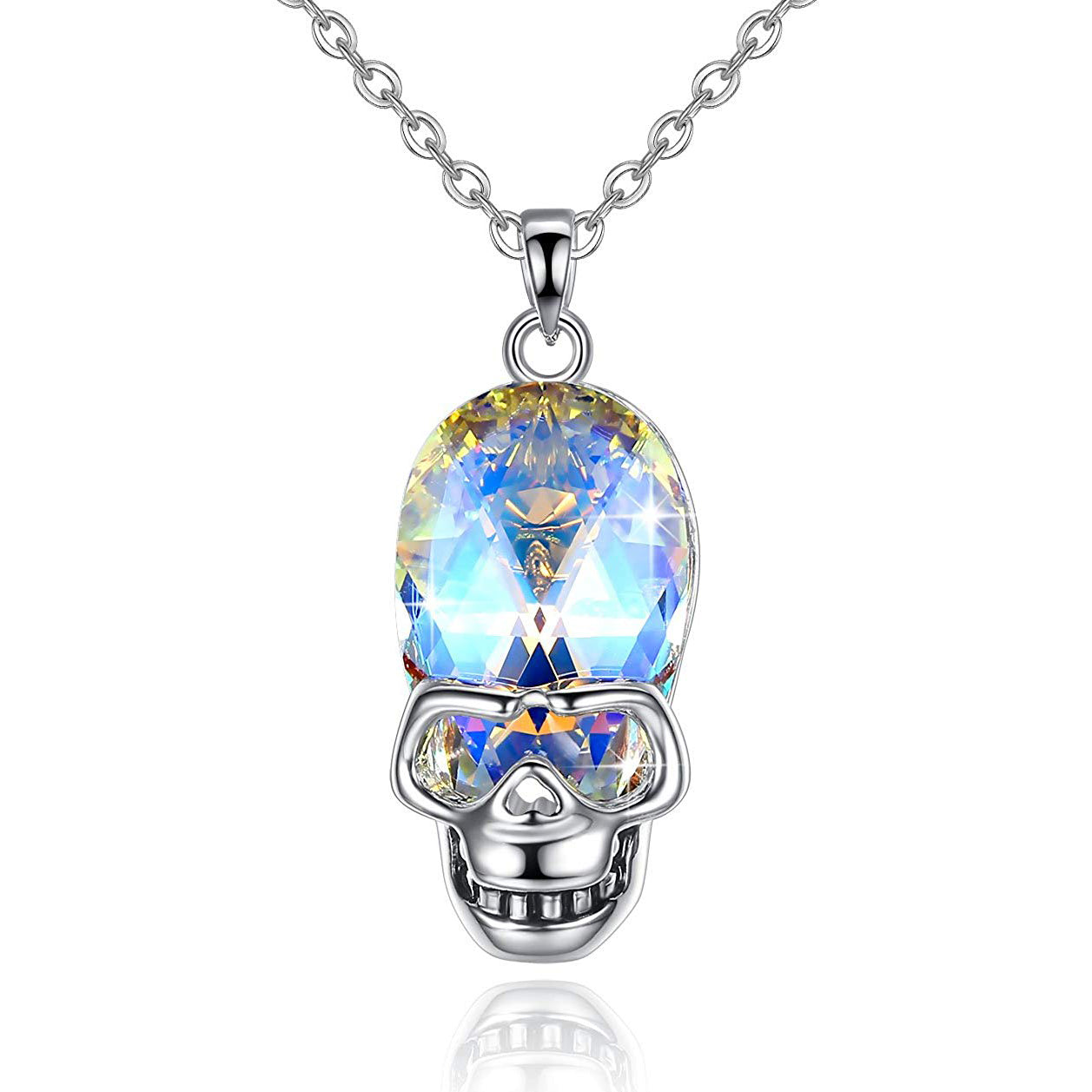 Aurora Borealis Skull Pendant Necklace featuring 14K white gold plating and an oval AAAAA crystal, elegantly designed for unique style.