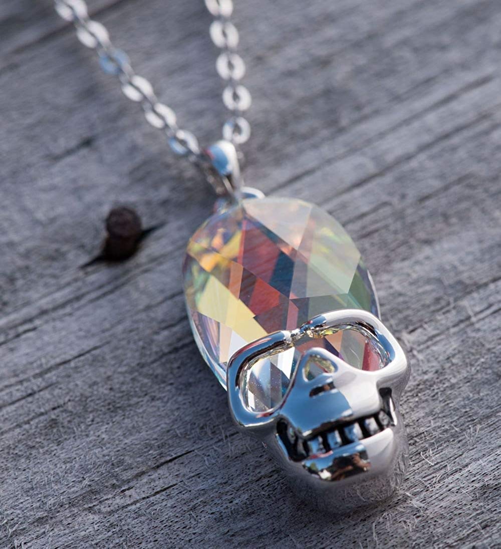 Aurora Borealis Skull Pendant Necklace featuring 14K white gold plating and an oval AAAAA crystal, elegantly designed for unique style.