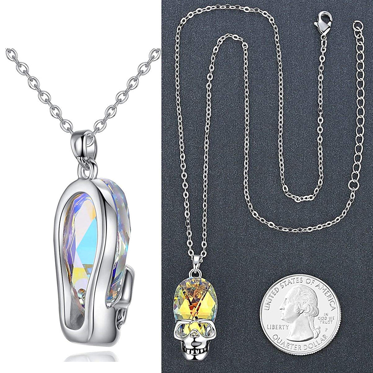 Aurora Borealis Skull Pendant Necklace featuring 14K white gold plating and an oval AAAAA crystal, elegantly designed for unique style.