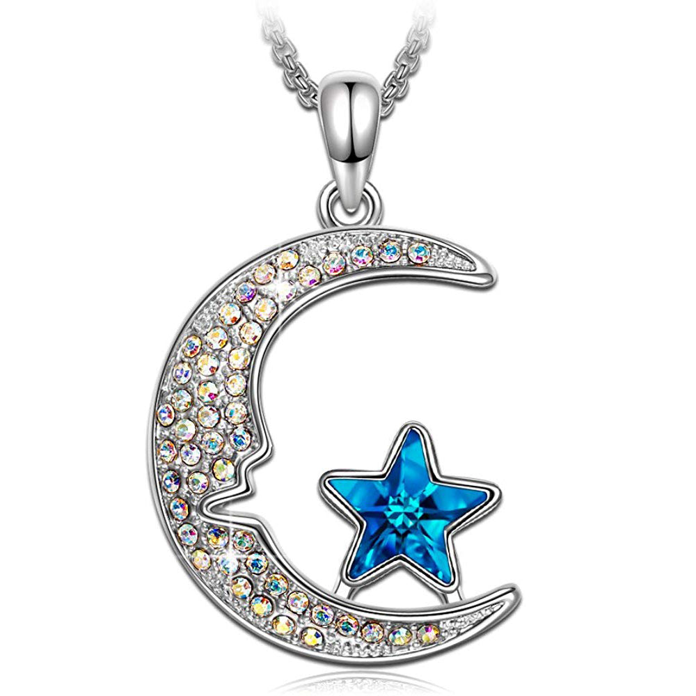Aurora Borealis Stars & Moon Pav'e Pendant Necklace in 14K White Gold with blue and aurora borealis crystals, featuring a moon and star design.