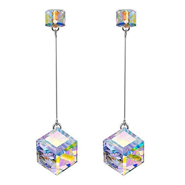Aurora Borilles Cube Drop earrings in 18K white gold plating with sparkling crystals, showcasing elegant Italian design.