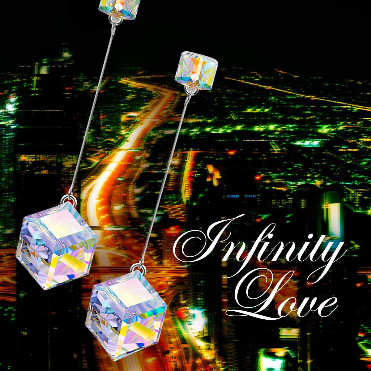 Aurora Borilles Cube Drop earrings in 18K white gold plating with sparkling crystals, showcasing elegant Italian design.