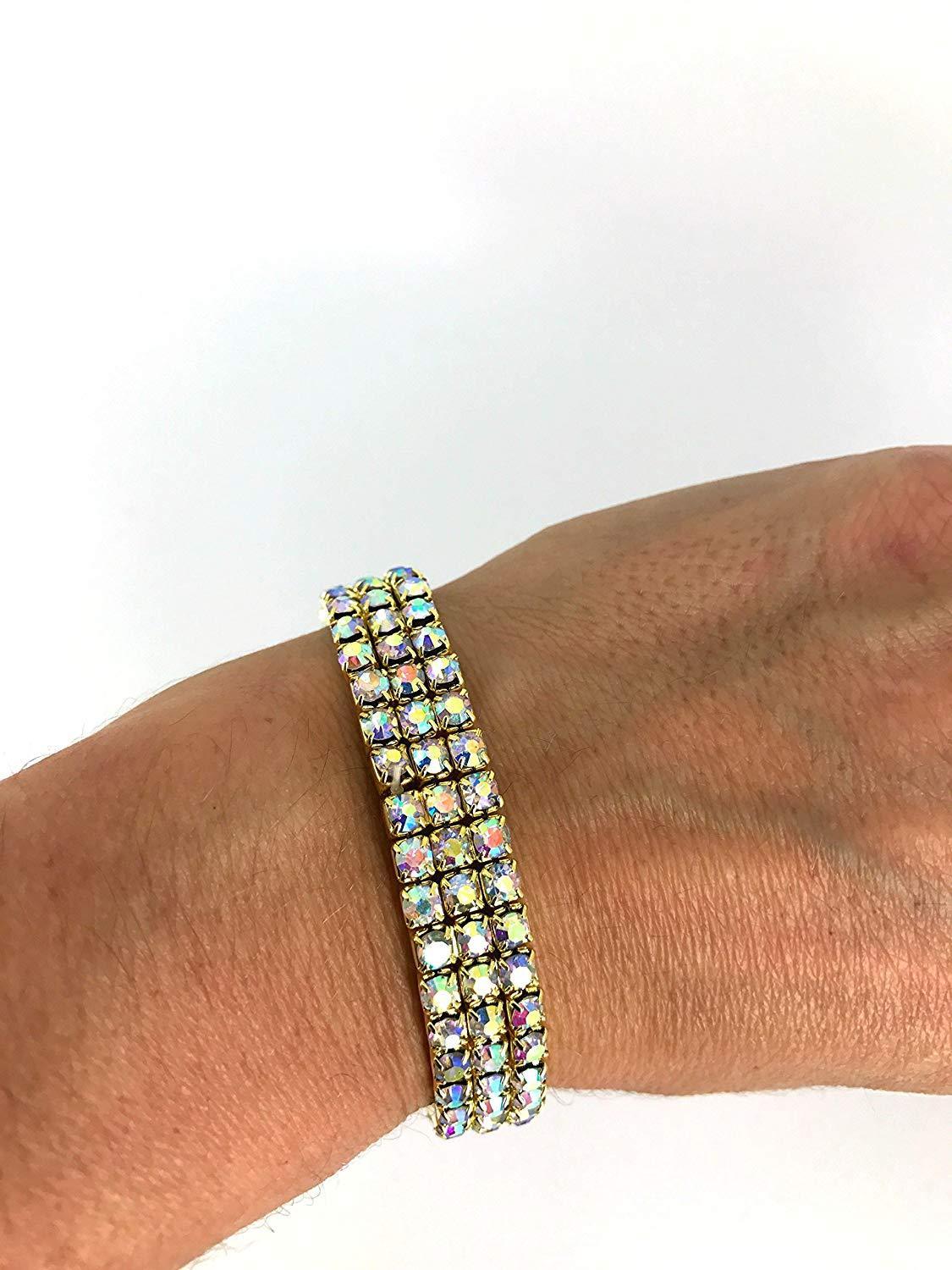 Aurora Borilles Stretch Bracelet featuring 18K white gold plating and Austrian crystals, adjustable from 7 to 9 inches.