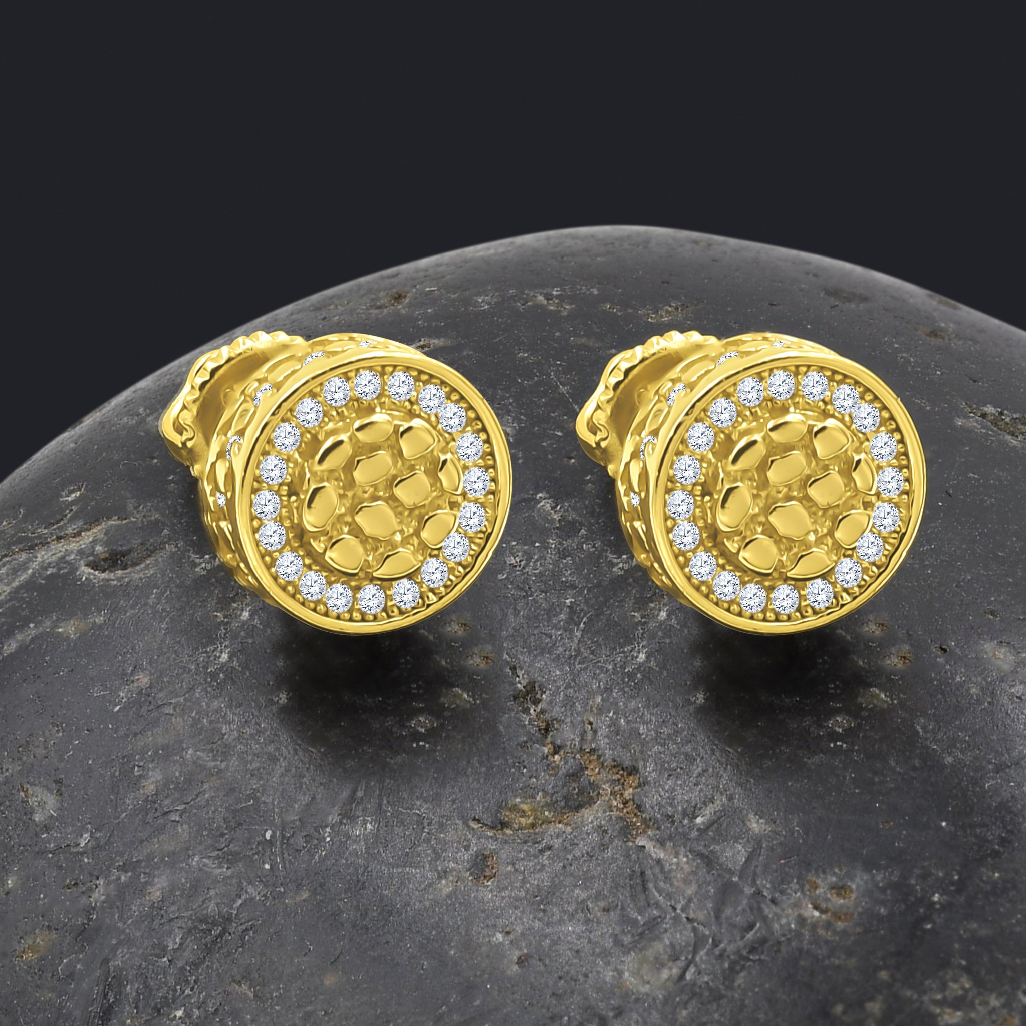 AURULENT Silver Ear Tops featuring golden color and sparkling cubic zircon stones, elegantly designed for any occasion.