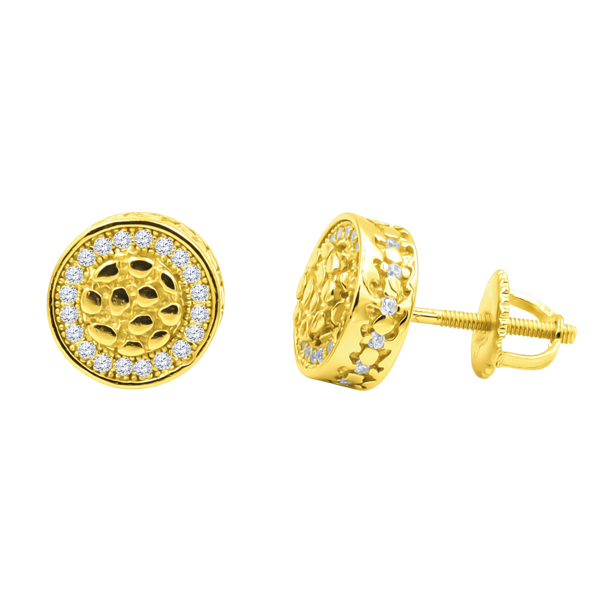 AURULENT Silver Ear Tops featuring golden color and sparkling cubic zircon stones, elegantly designed for any occasion.