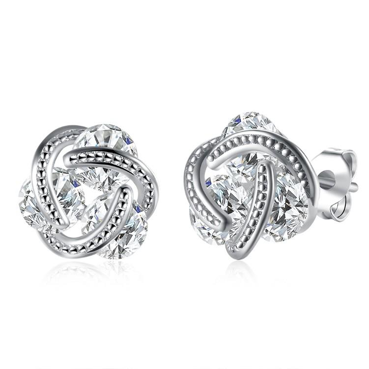 Austrian Crystal Mesh Knot Earrings set in 18K white gold, showcasing elegant design and sparkling crystals.