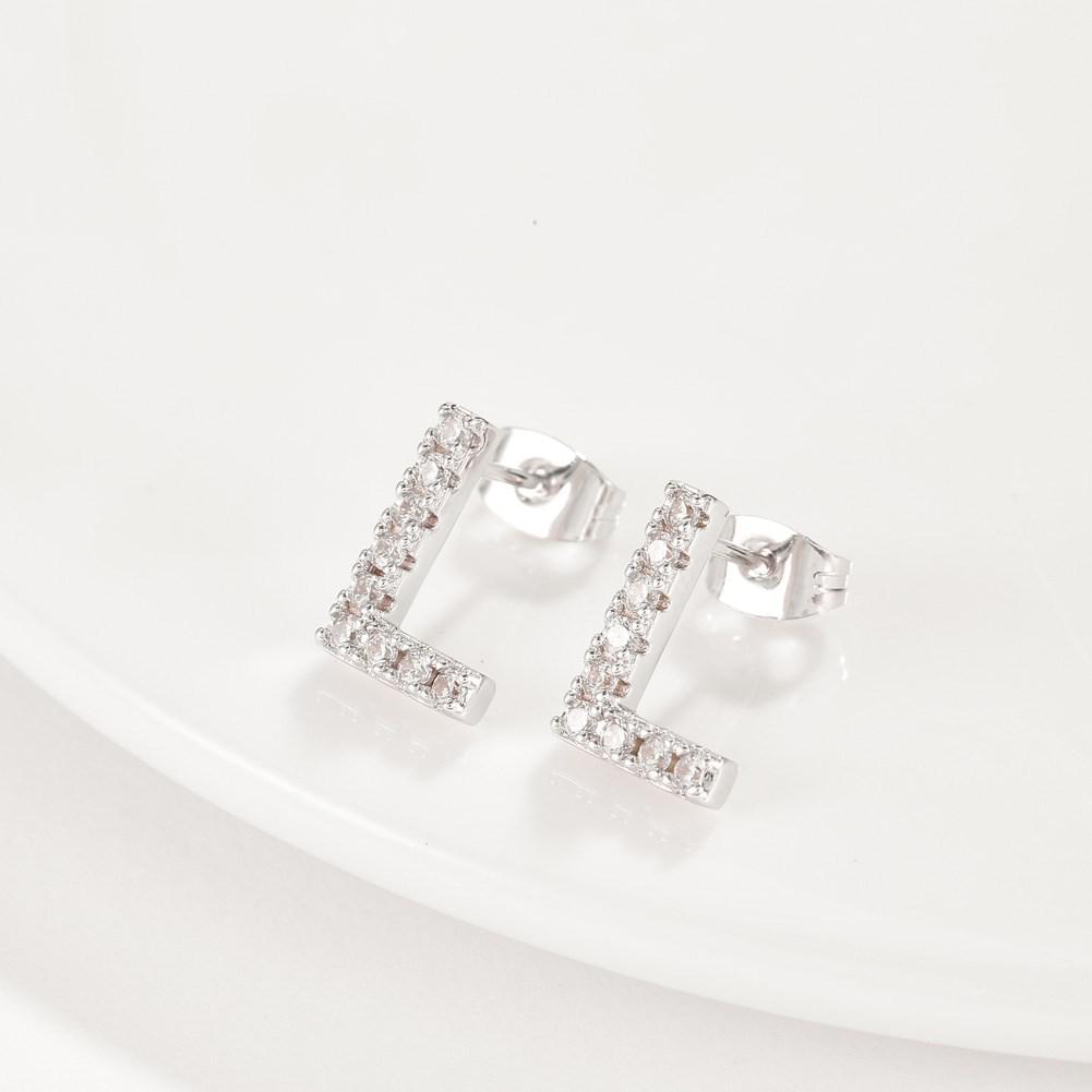 Elegant Austrian Crystals Pave Letter Stud Monogram Initial Earrings in 18K White Gold, featuring a minimalist design with sparkling crystals.