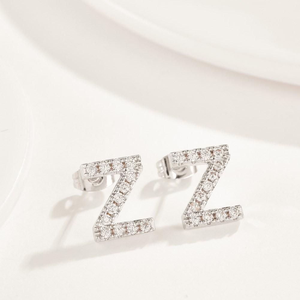 Elegant Austrian Crystals Pave Letter Stud Monogram Initial Earrings in 18K White Gold, featuring a minimalist design with sparkling crystals.