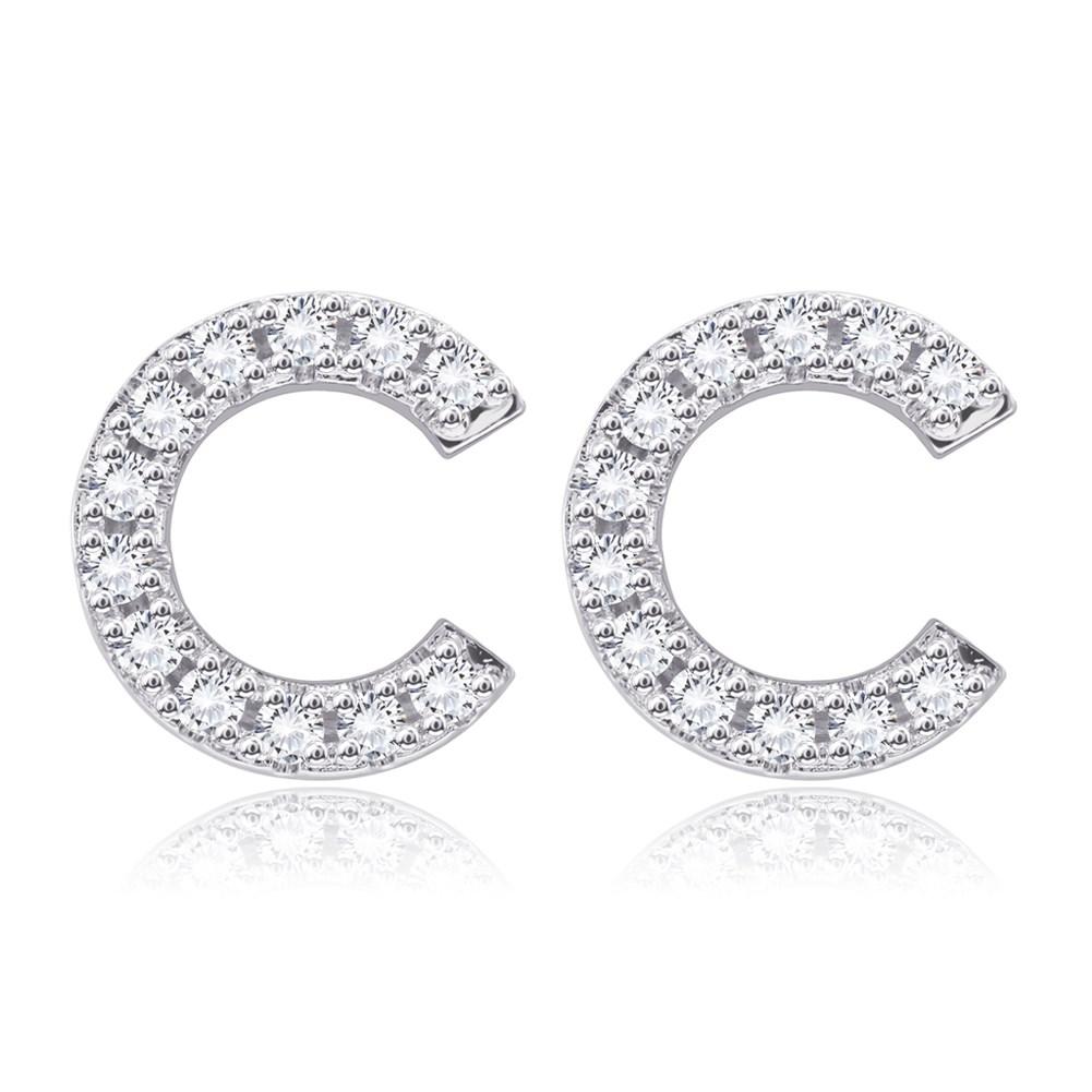 Elegant Austrian Crystals Pave Letter Stud Monogram Initial Earrings in 18K White Gold, featuring a minimalist design with sparkling crystals.