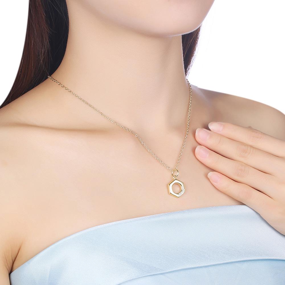 Austrian Elements Honeycomb Pendant Necklace featuring 14K gold plating, showcasing a white stone in a honeycomb design on a link chain.