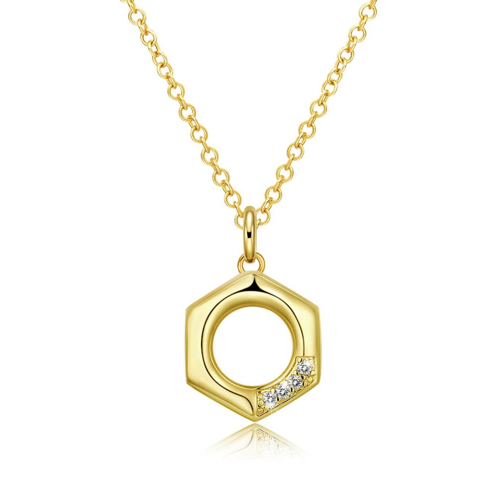 Austrian Elements Honeycomb Pendant Necklace featuring 14K gold plating, showcasing a white stone in a honeycomb design on a link chain.