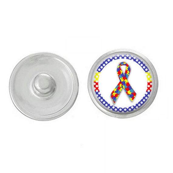 Colorful Autism Ribbon Snap designed for charm bracelets and jewelry, showcasing vibrant colors and a round shape.