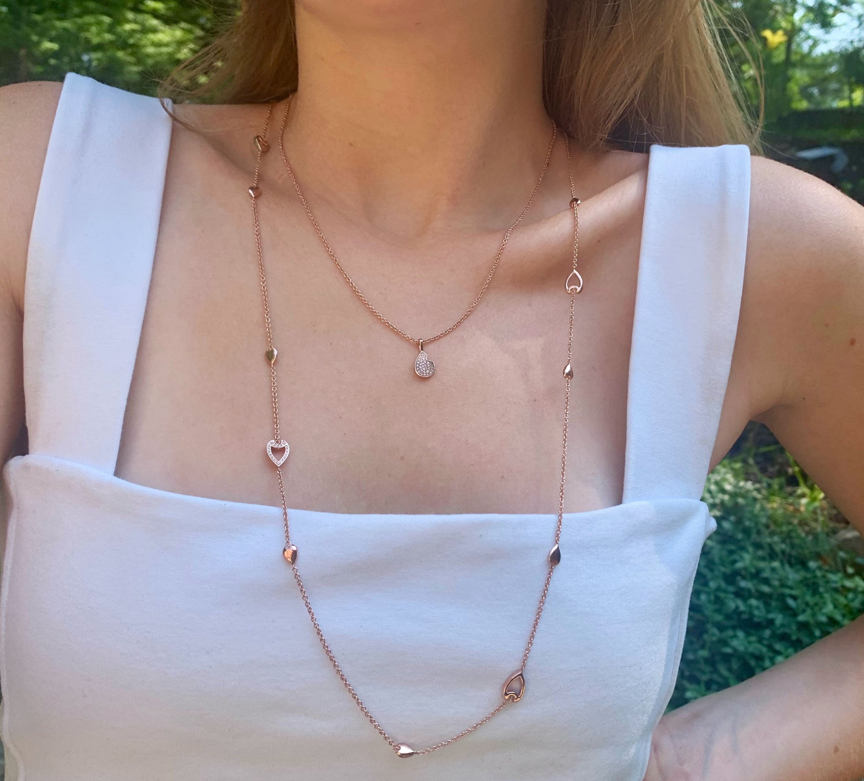 Avani Open Raindrop Layered Diamond Necklace in 14K Rose Gold Vermeil, featuring a delicate raindrop design with sparkling diamonds.