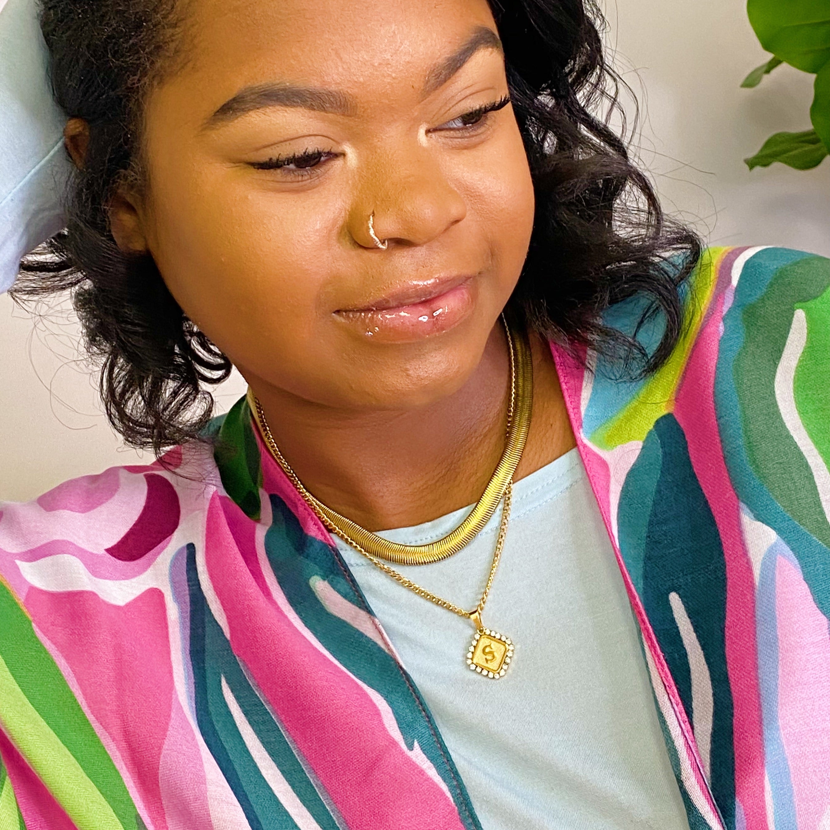 Aztec Delight Initial Necklace featuring a slim Cuban chain and a sparkling initial charm with Cubic Zirconia accents.