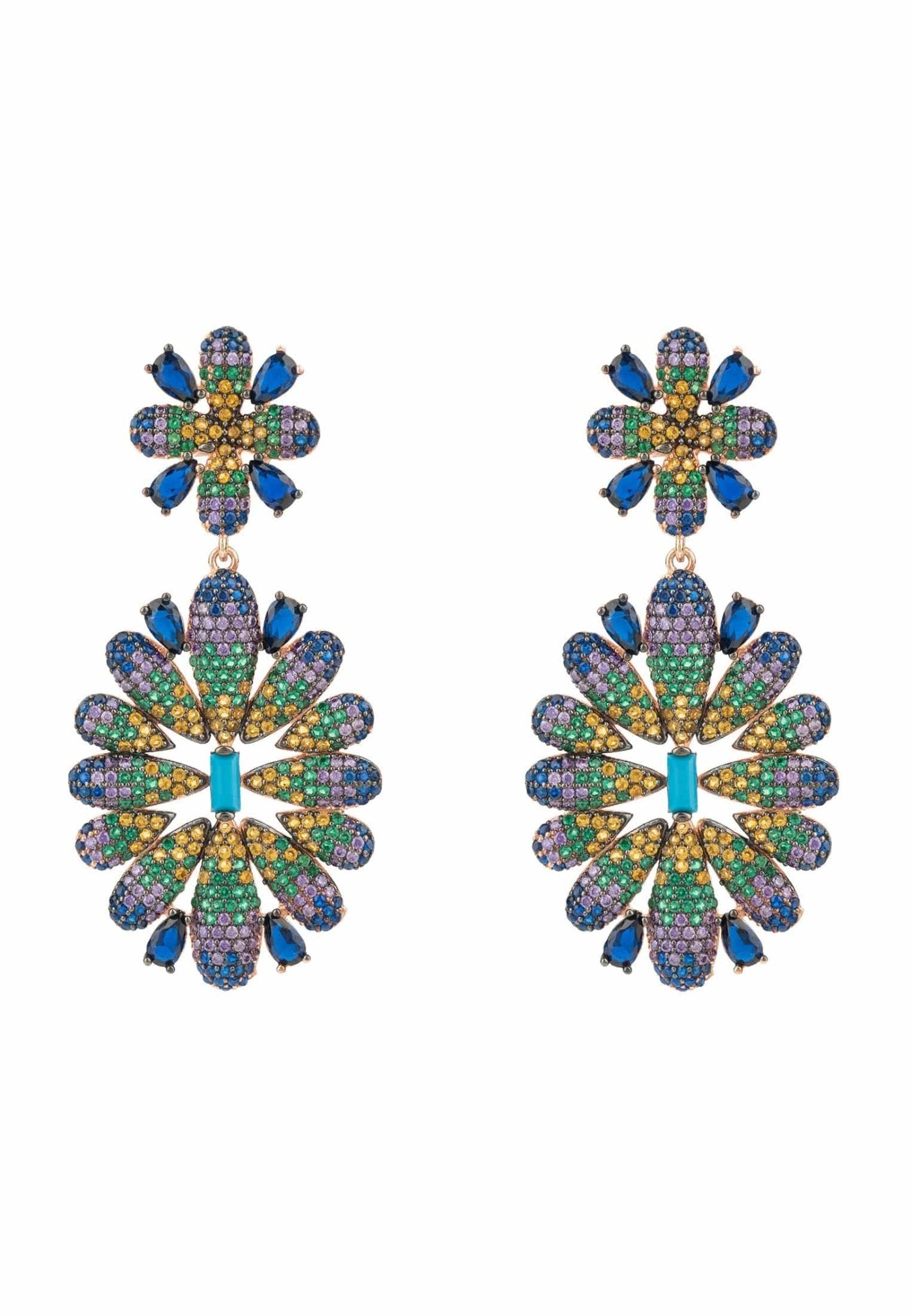 Babylon Multicoloured Flower Drop Earrings in Rosegold featuring vibrant gemstones and intricate flower design.