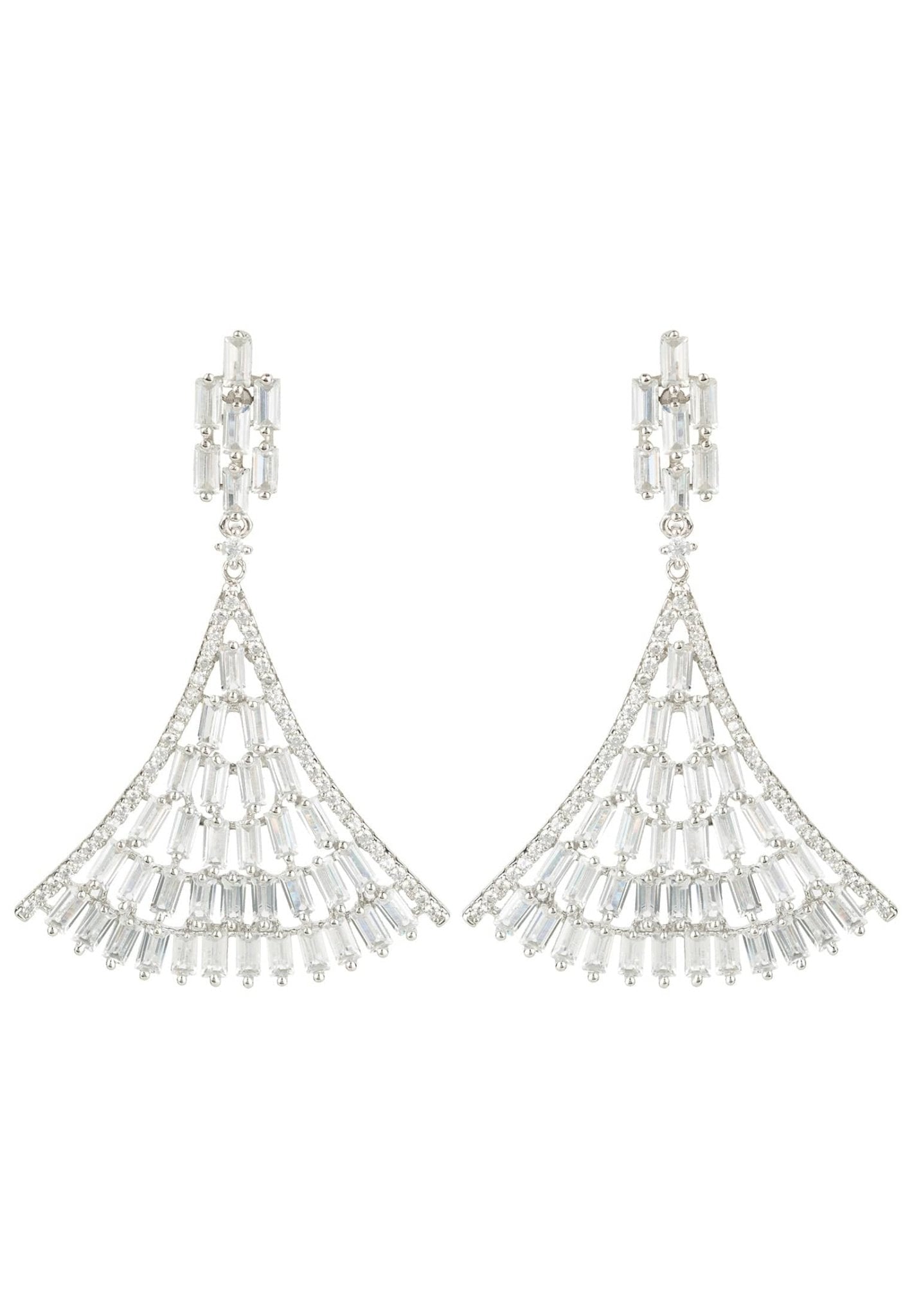 Elegant silver Baguette Fan Tail Earrings featuring intricate design and sparkling zircons, perfect for special occasions.