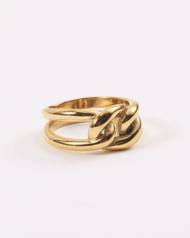 Bailey Intertwined Knot Ring in 18Kt yellow gold, showcasing its sleek design and durable stainless steel construction.