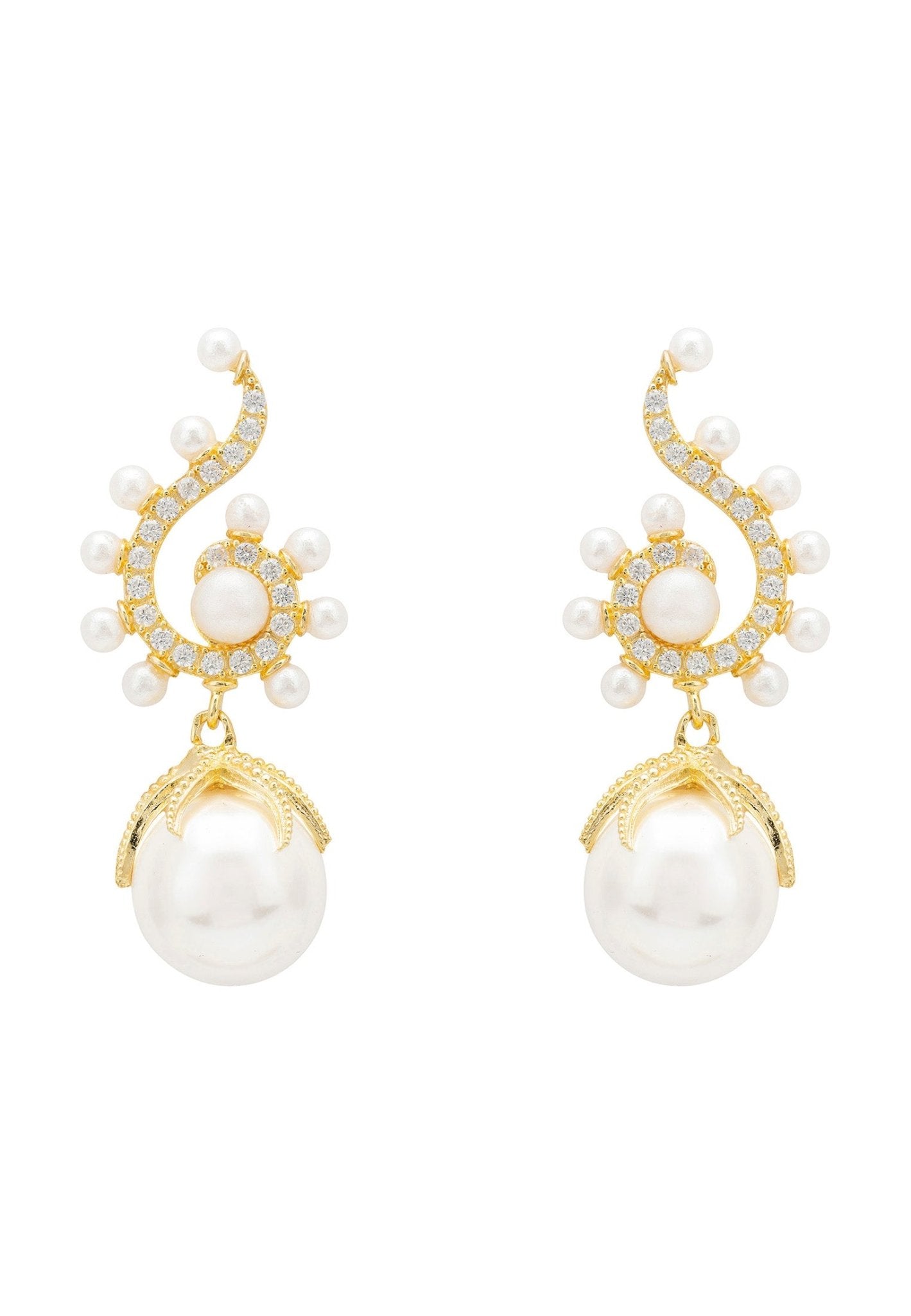 Baroque Pearl Poseidon Drop Earrings in white gold featuring cubic zirconia and suspended baroque pearls.