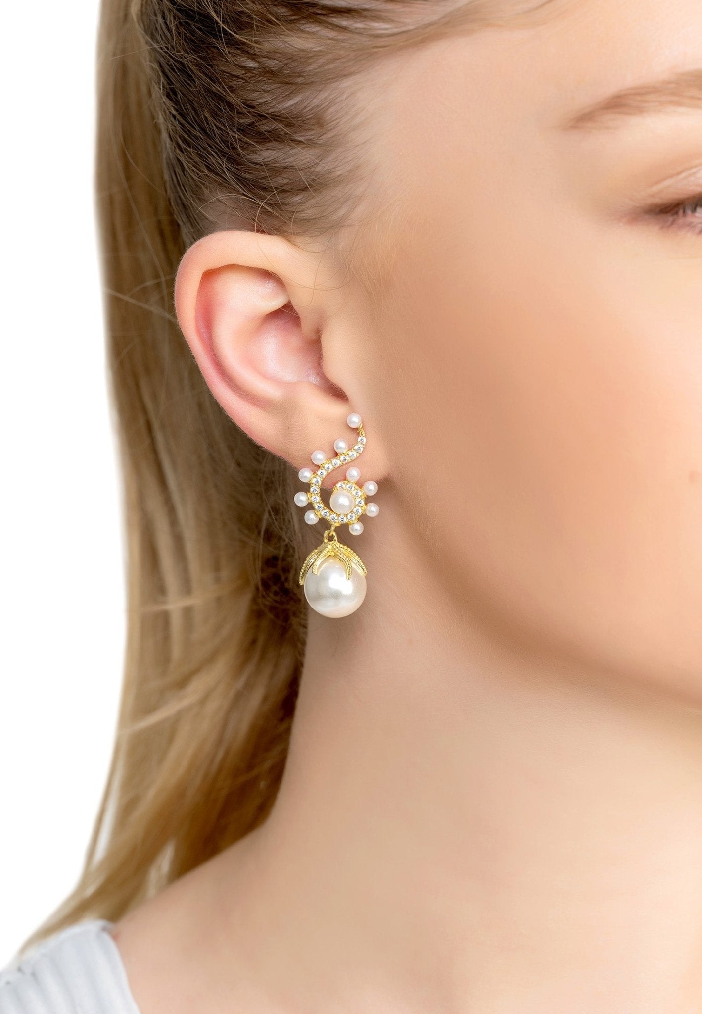 Baroque Pearl Poseidon Drop Earrings in white gold featuring cubic zirconia and suspended baroque pearls.