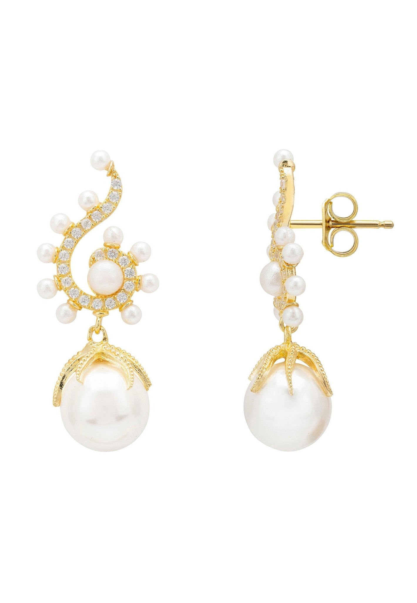 Baroque Pearl Poseidon Drop Earrings in white gold featuring cubic zirconia and suspended baroque pearls.