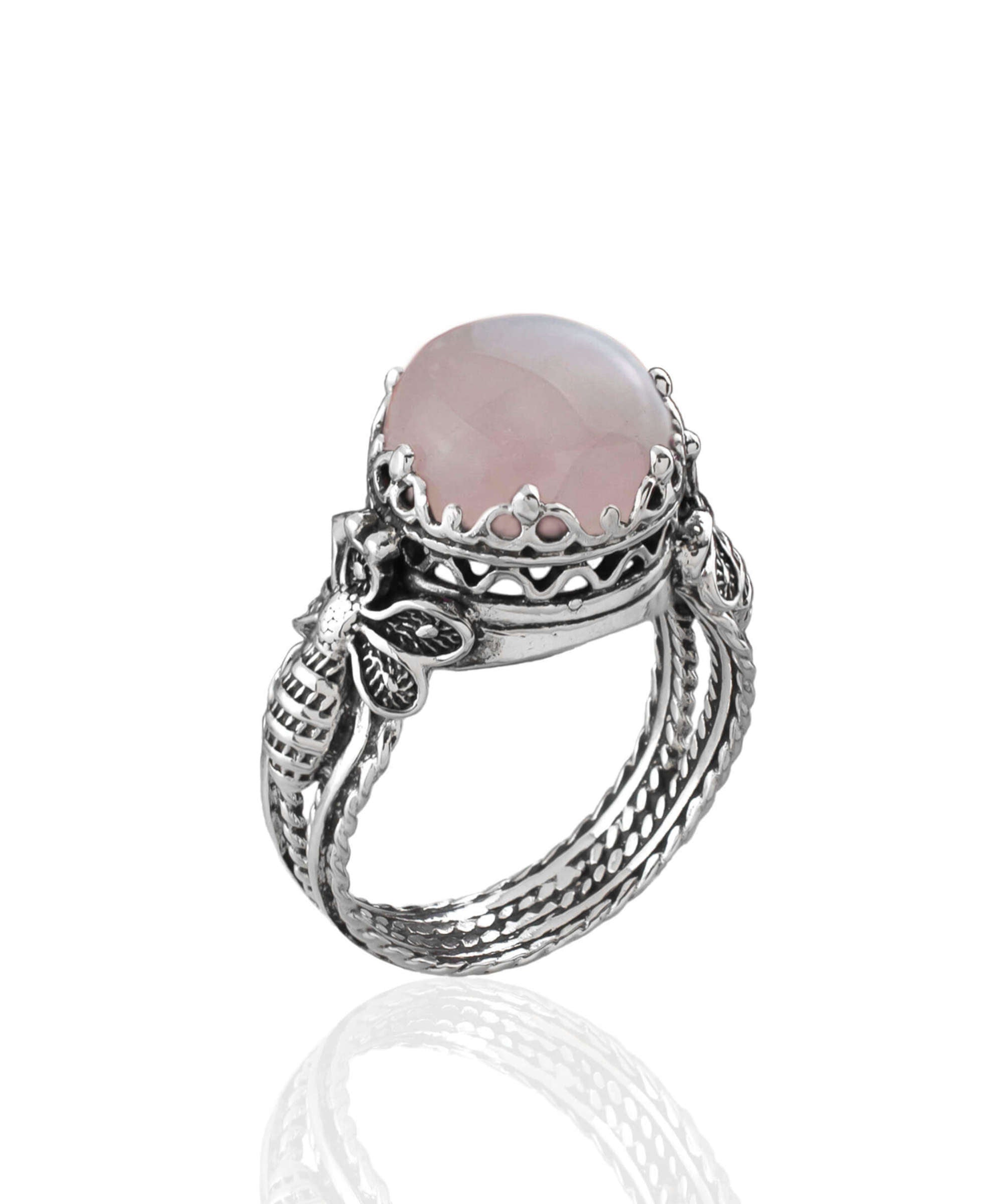 Elegant Bee Detailed Rose Quartz Gemstone Filigree Art Cocktail Ring in sterling silver with a pink cabochon gemstone.