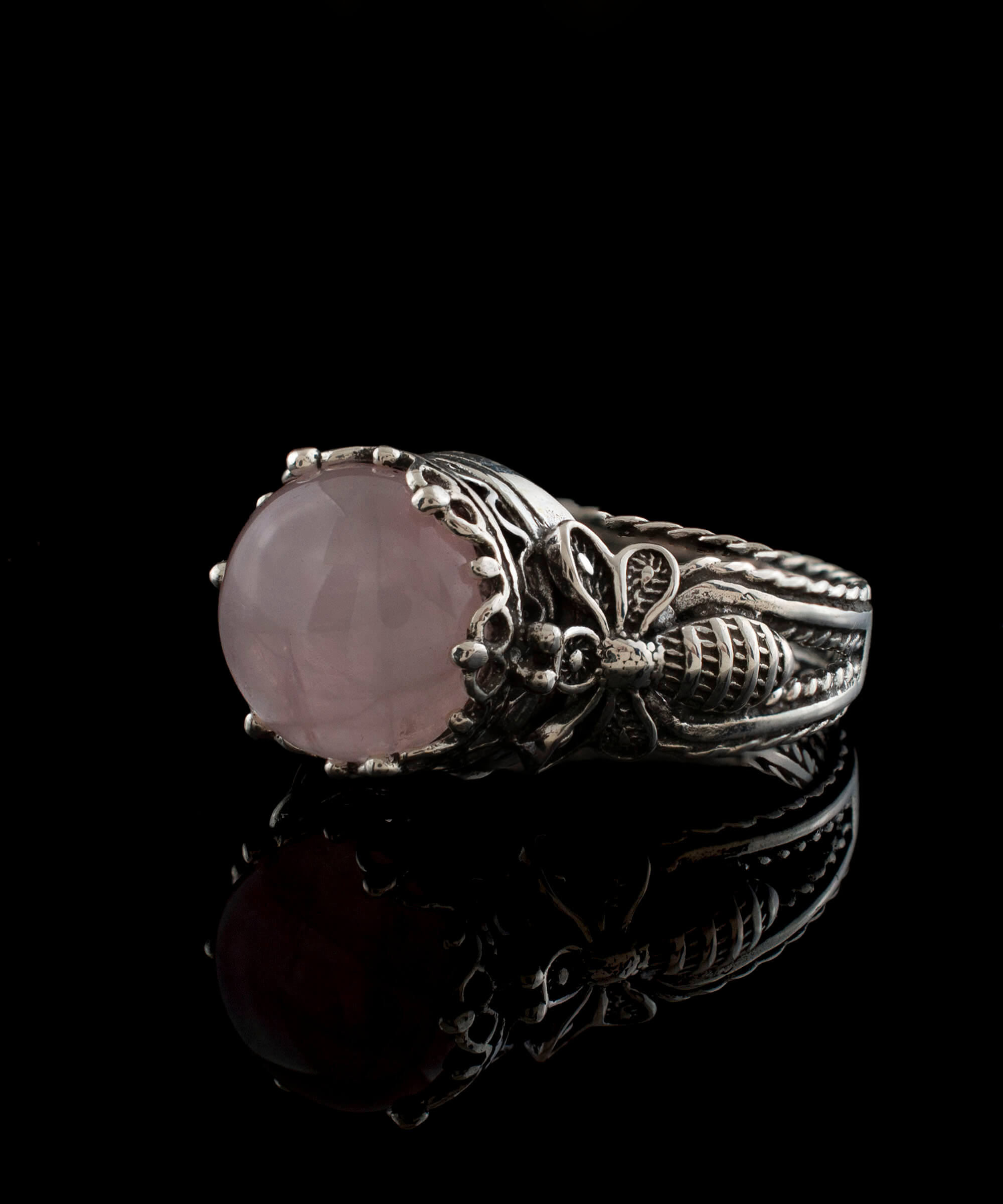 Elegant Bee Detailed Rose Quartz Gemstone Filigree Art Cocktail Ring in sterling silver with a pink cabochon gemstone.