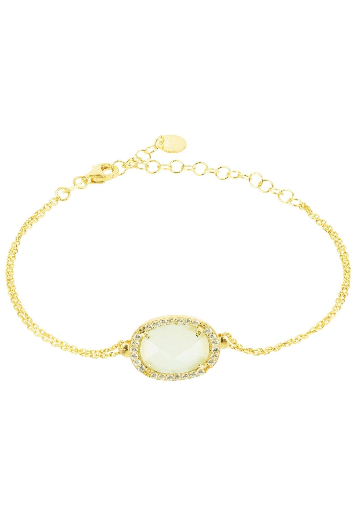 Beatrice Oval Gemstone Bracelet featuring aqua chalcedony and cubic zirconia on a gold-dipped sterling silver chain.