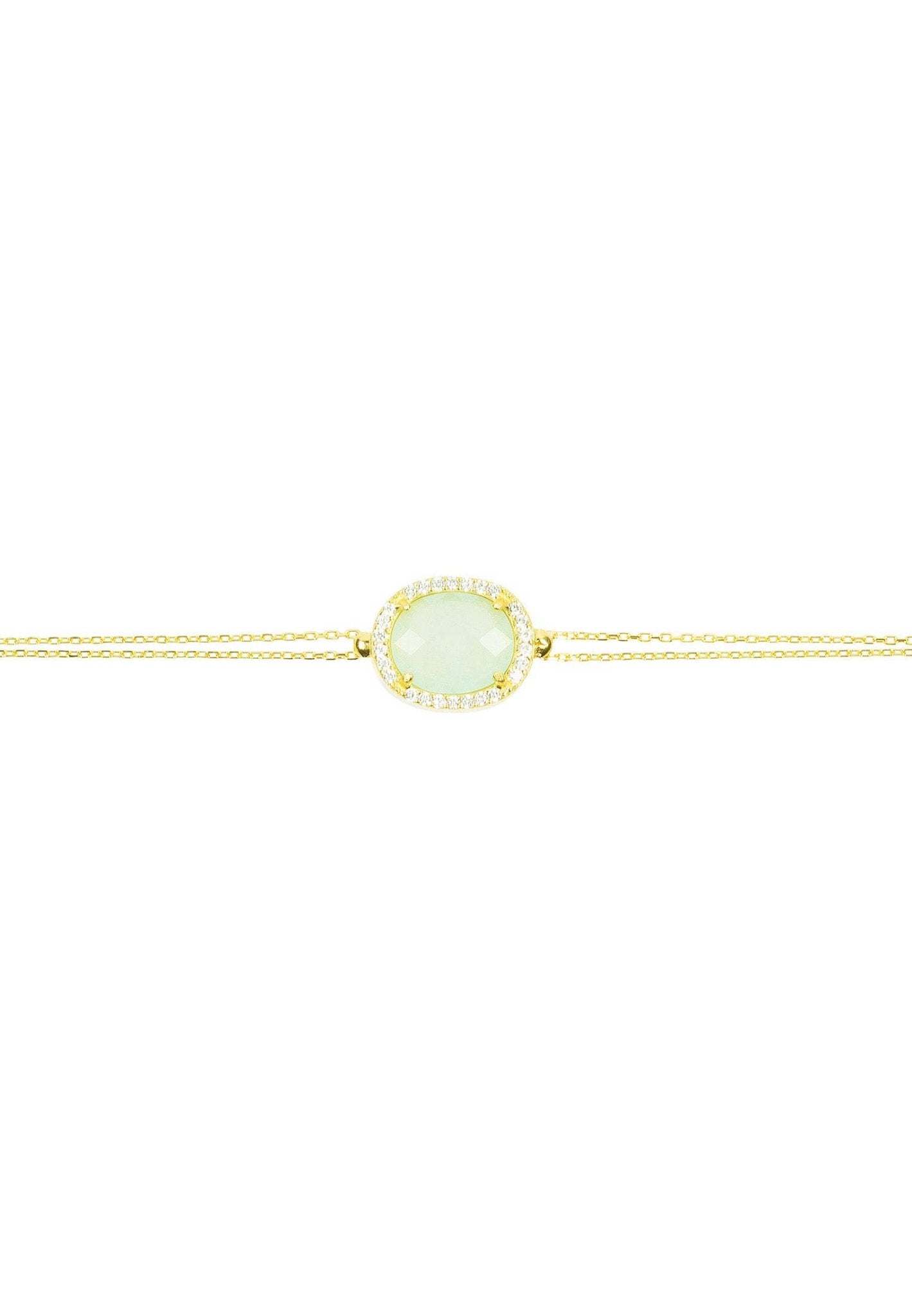 Beatrice Oval Gemstone Bracelet featuring aqua chalcedony and cubic zirconia on a gold-dipped sterling silver chain.