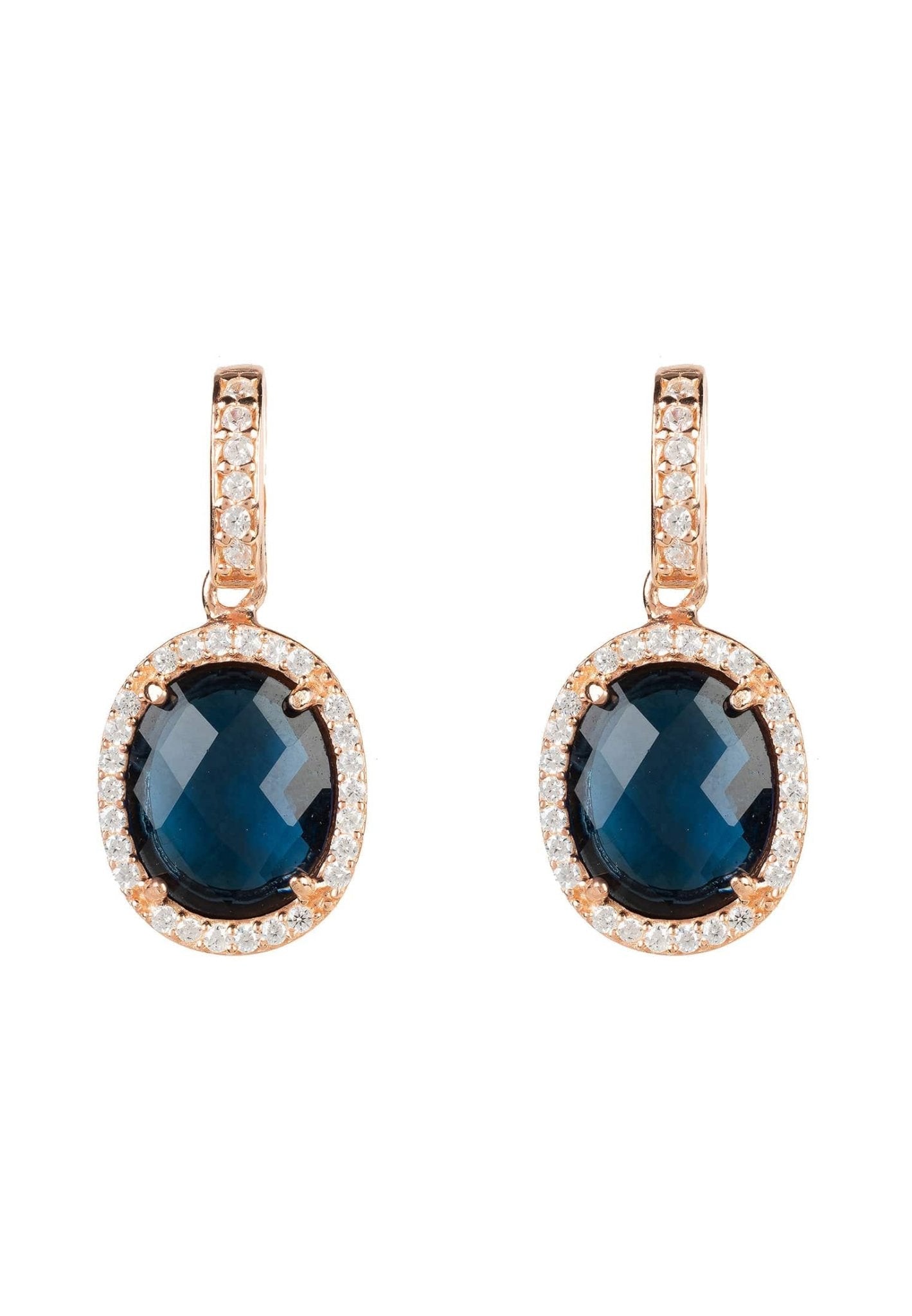Beatrice Oval Gemstone Drop Earrings in rose gold featuring sapphire hydro and cubic zirconia detailing, elegantly designed for sophistication.