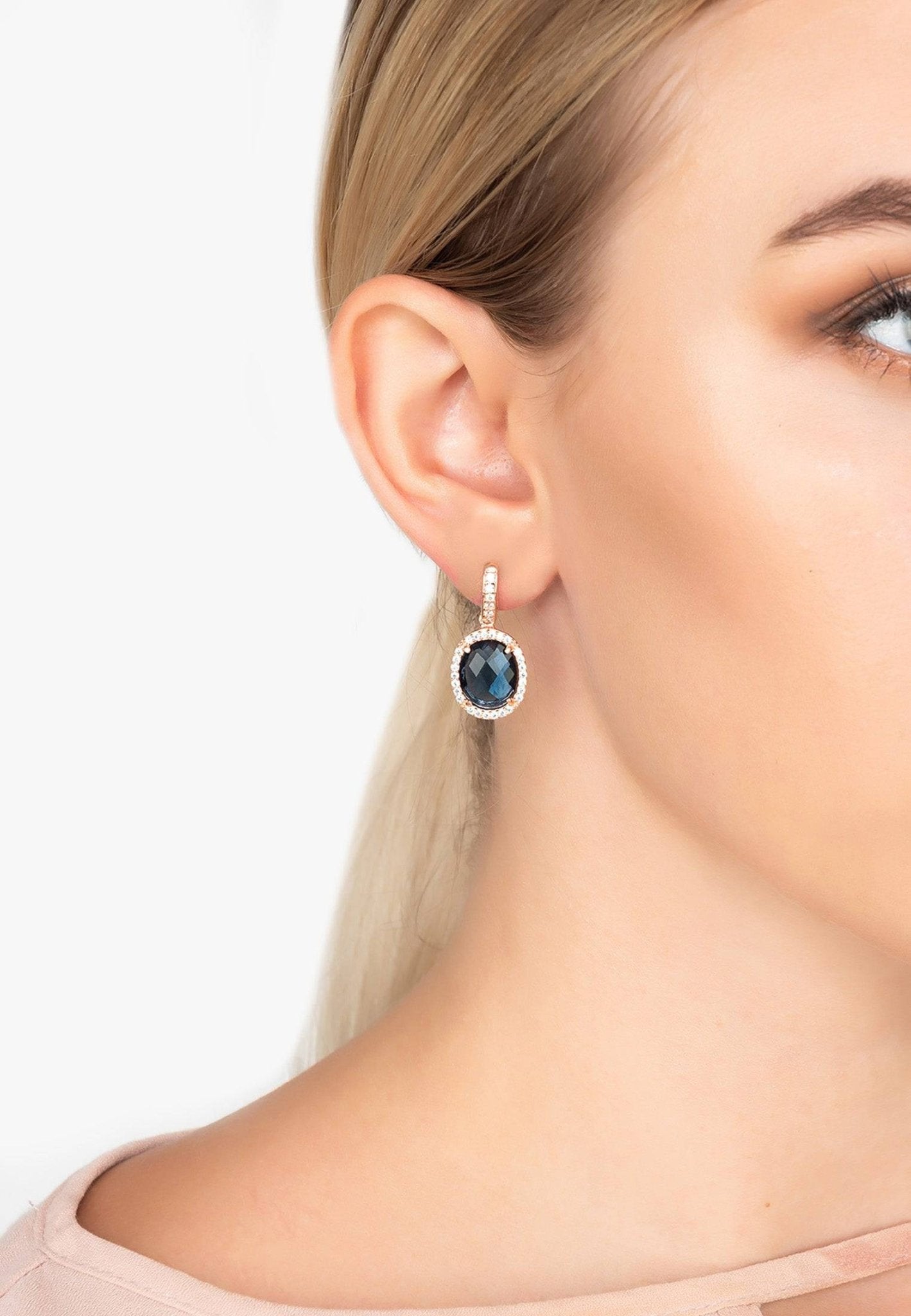 Beatrice Oval Gemstone Drop Earrings in rose gold featuring sapphire hydro and cubic zirconia detailing, elegantly designed for sophistication.