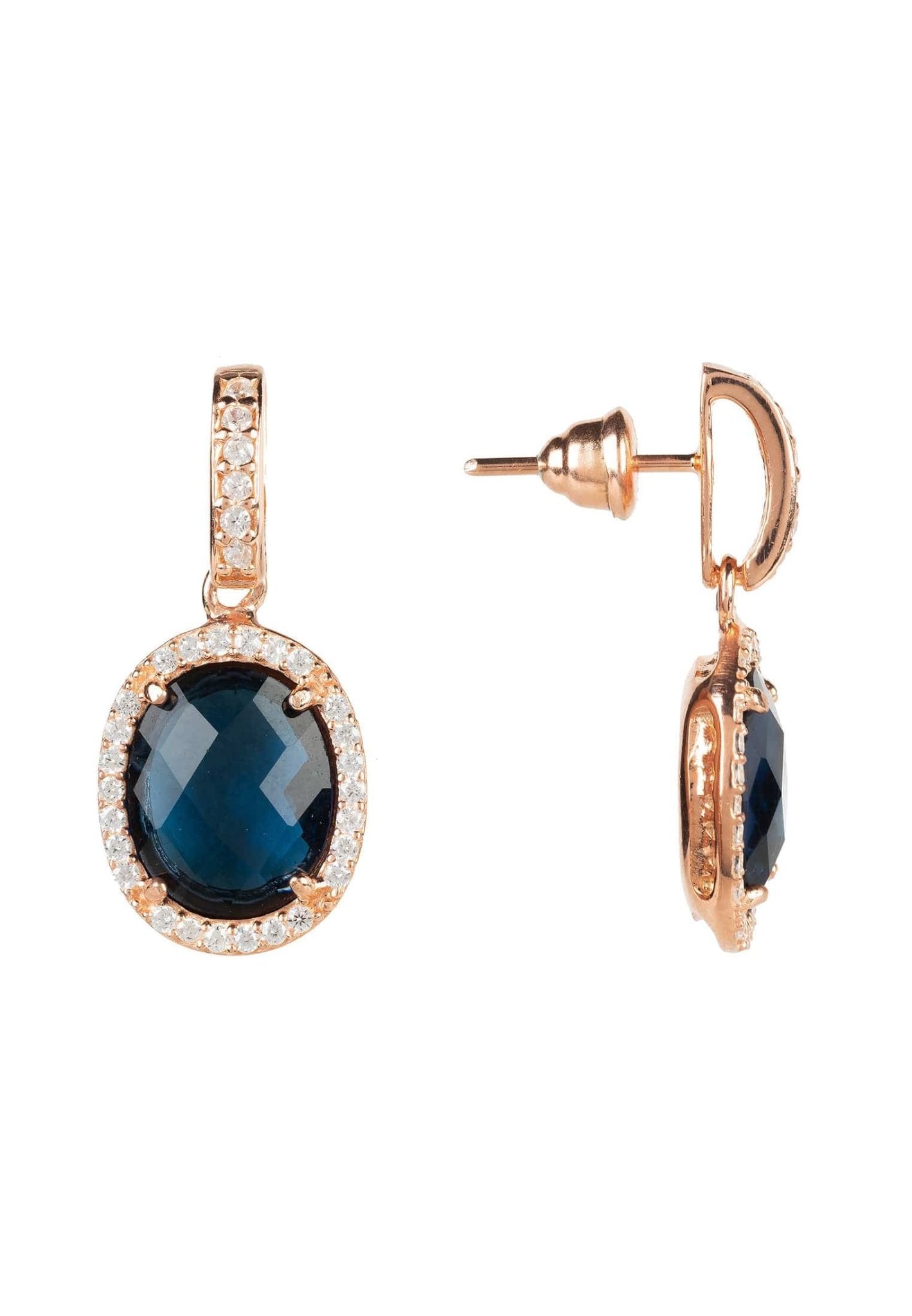 Beatrice Oval Gemstone Drop Earrings in rose gold featuring sapphire hydro and cubic zirconia detailing, elegantly designed for sophistication.