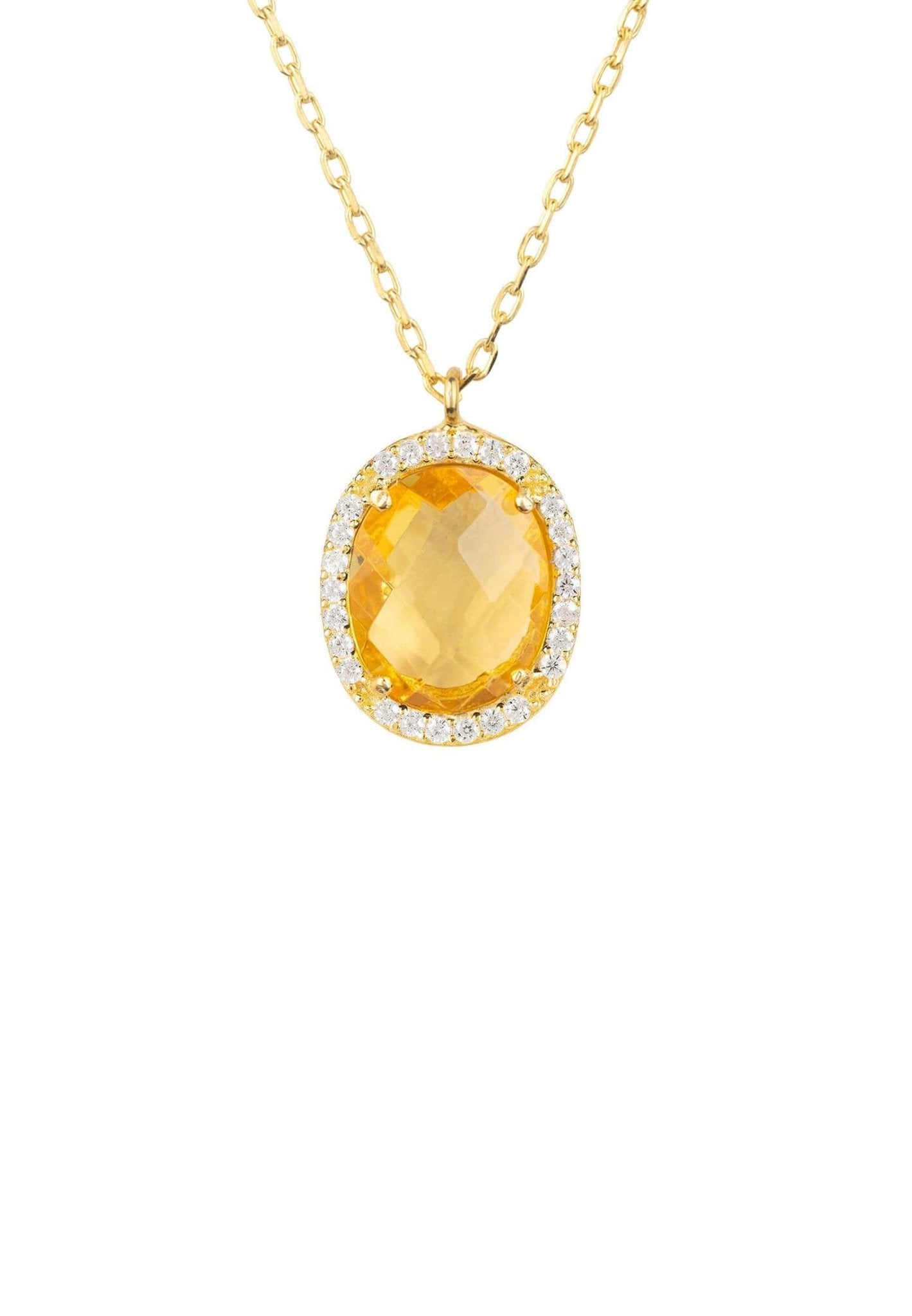 Beatrice Oval Gemstone Pendant Necklace featuring a vibrant Citrine gemstone surrounded by cubic zirconia, elegantly designed in gold plating.