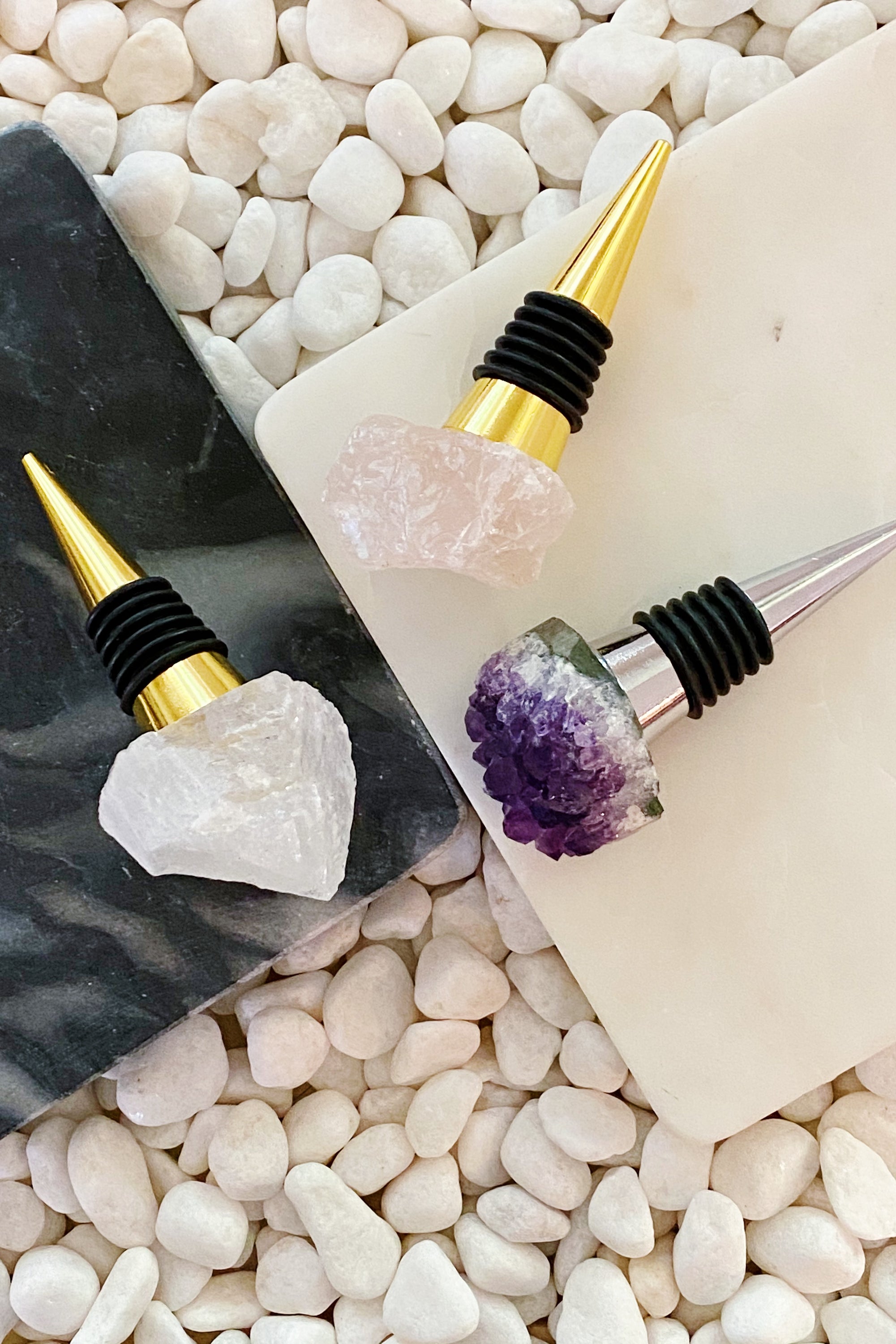 A luxurious wine stopper made from natural stone, showcasing unique patterns and colors, perfect for preserving wine.