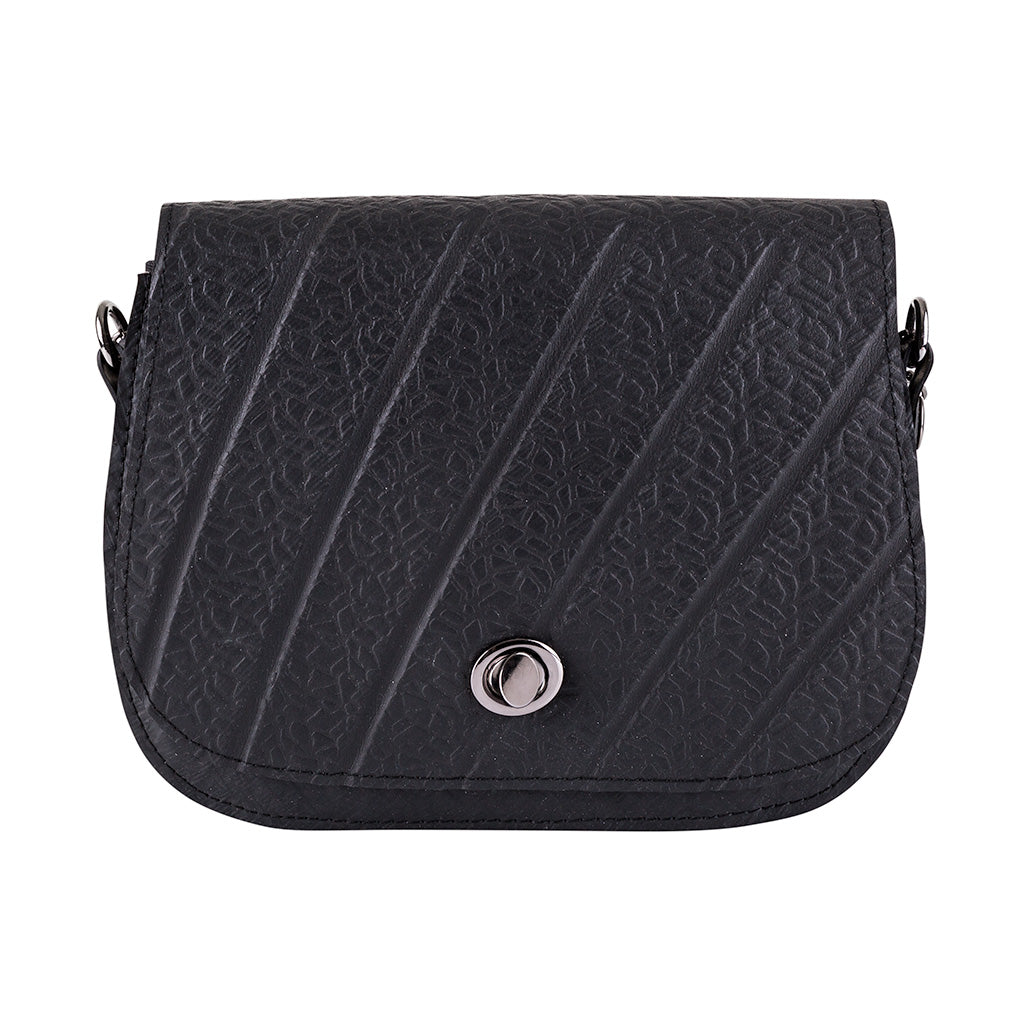 Becca Classic Black Vegan Saddle Bag made from recycled inner tubes, featuring unique patterns and grey velvet lining.