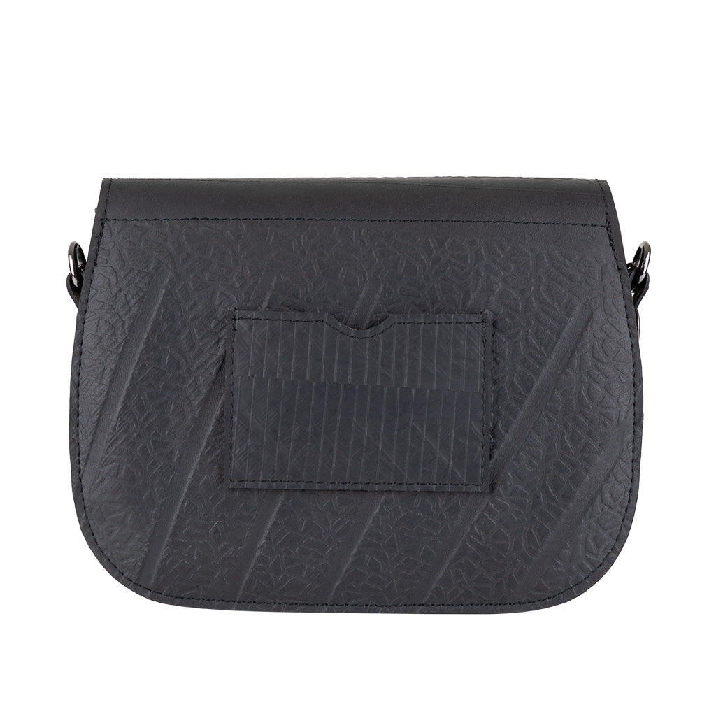 Becca Classic Black Vegan Saddle Bag made from recycled inner tubes, featuring unique patterns and grey velvet lining.