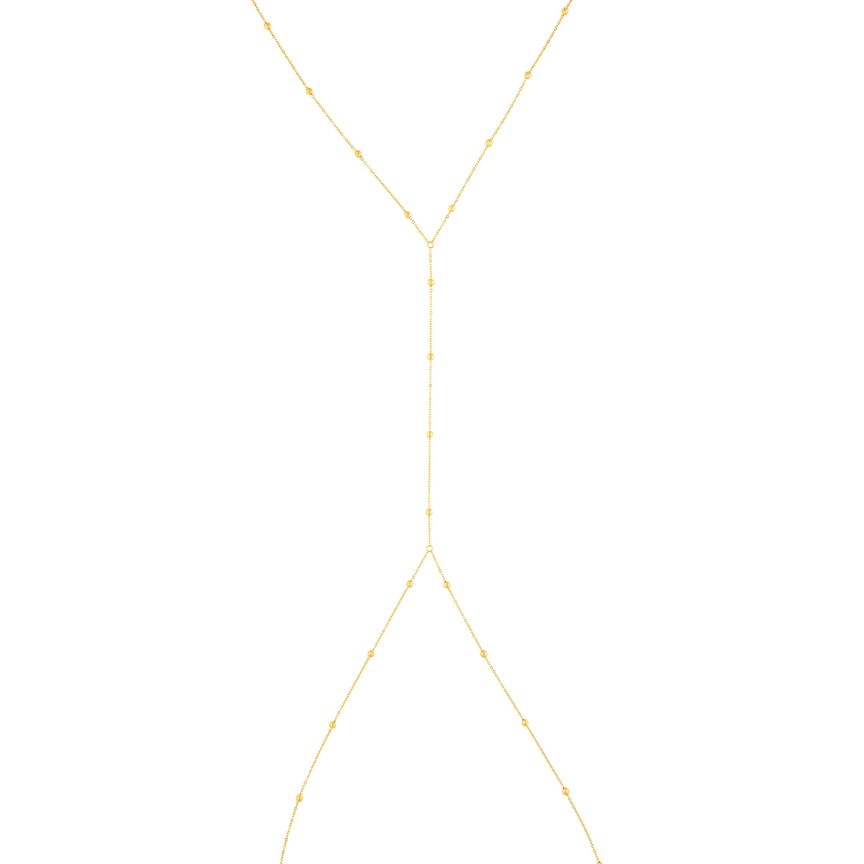 A stunning Bella Body Chain featuring a gold overlay design, adjustable chains, and a versatile two-in-one style for beach and casual wear.