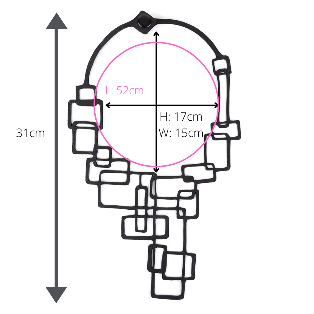 Belinda Statement Rubber Necklace made from recycled tyre inner tubes, featuring a unique abstract design and lightweight construction.