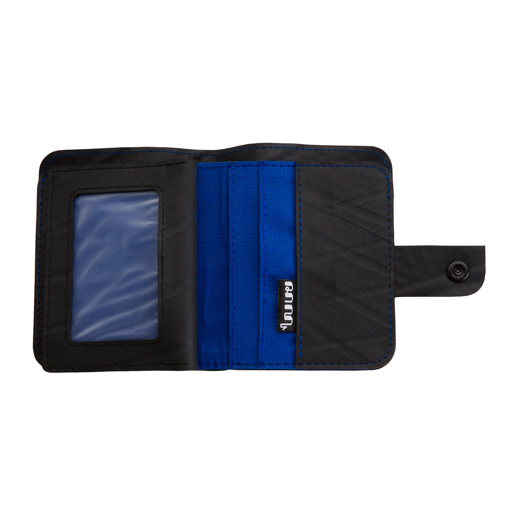 Ben Recycled Wallet with Coin Compartment, handcrafted from recycled rubber with colorful stitching, featuring multiple card slots and a zip pocket.