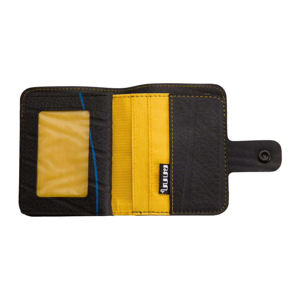 Ben Recycled Wallet with Coin Compartment, handcrafted from recycled rubber with colorful stitching, featuring multiple card slots and a zip pocket.