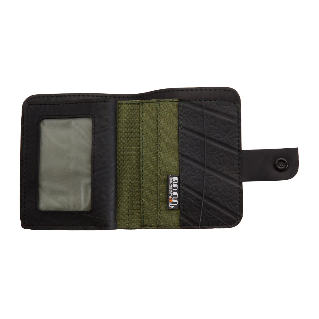Ben Recycled Wallet with Coin Compartment, handcrafted from recycled rubber with colorful stitching, featuring multiple card slots and a zip pocket.
