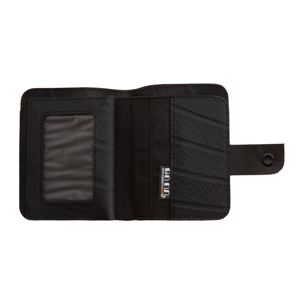 Ben Recycled Wallet with Coin Compartment, handcrafted from recycled rubber with colorful stitching, featuring multiple card slots and a zip pocket.