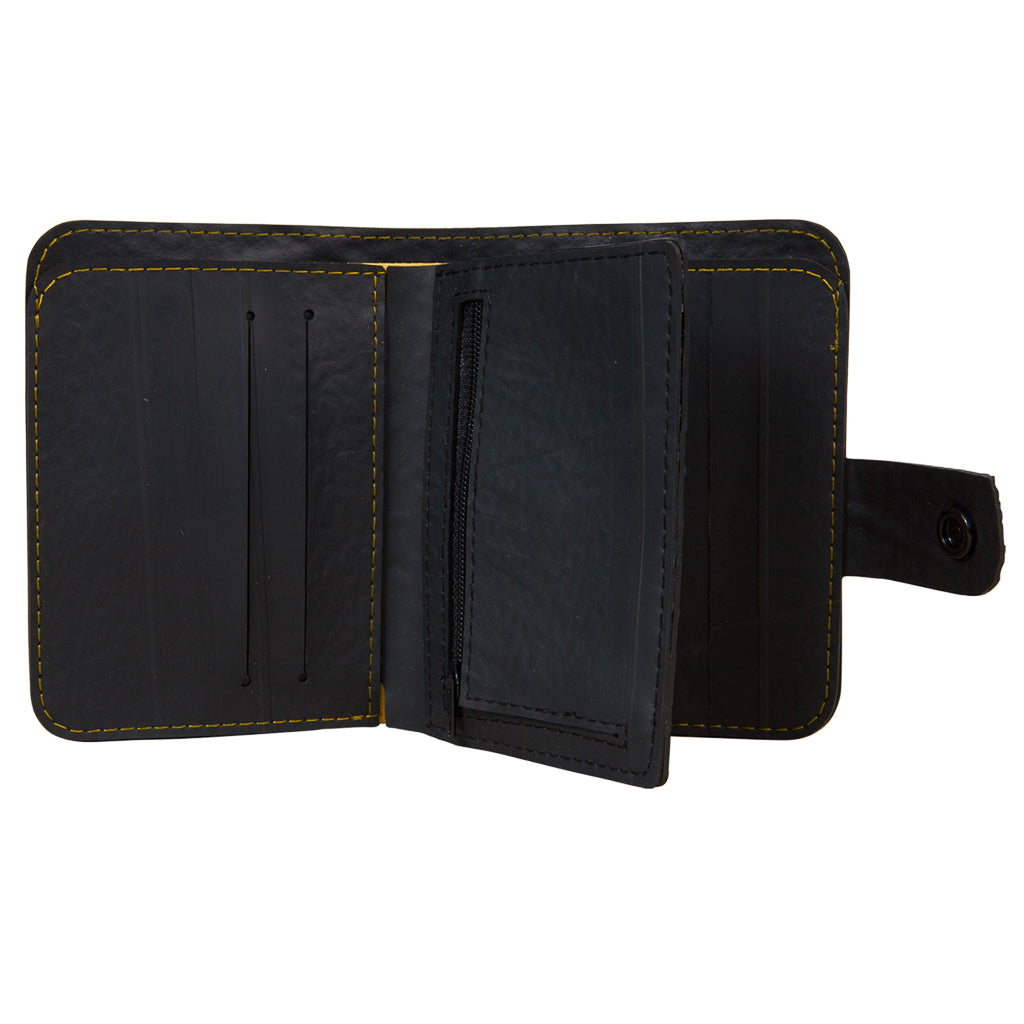 Ben Recycled Wallet with Coin Compartment, handcrafted from recycled rubber with colorful stitching, featuring multiple card slots and a zip pocket.