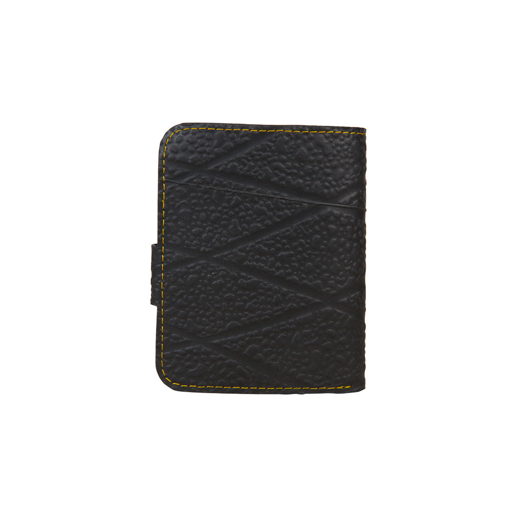 Ben Recycled Wallet with Coin Compartment, handcrafted from recycled rubber with colorful stitching, featuring multiple card slots and a zip pocket.