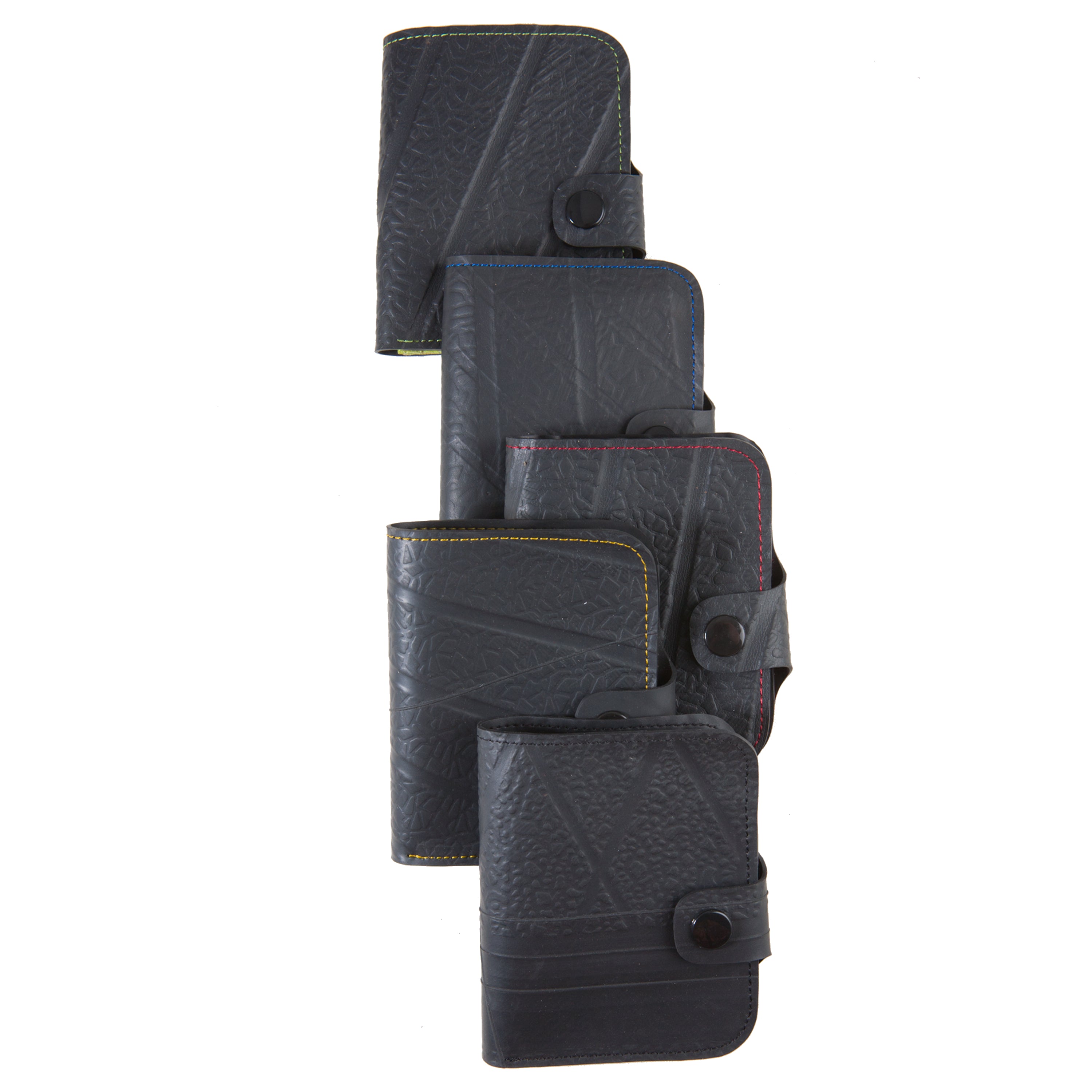 Ben Recycled Wallet with Coin Compartment, handcrafted from recycled rubber with colorful stitching, featuring multiple card slots and a zip pocket.