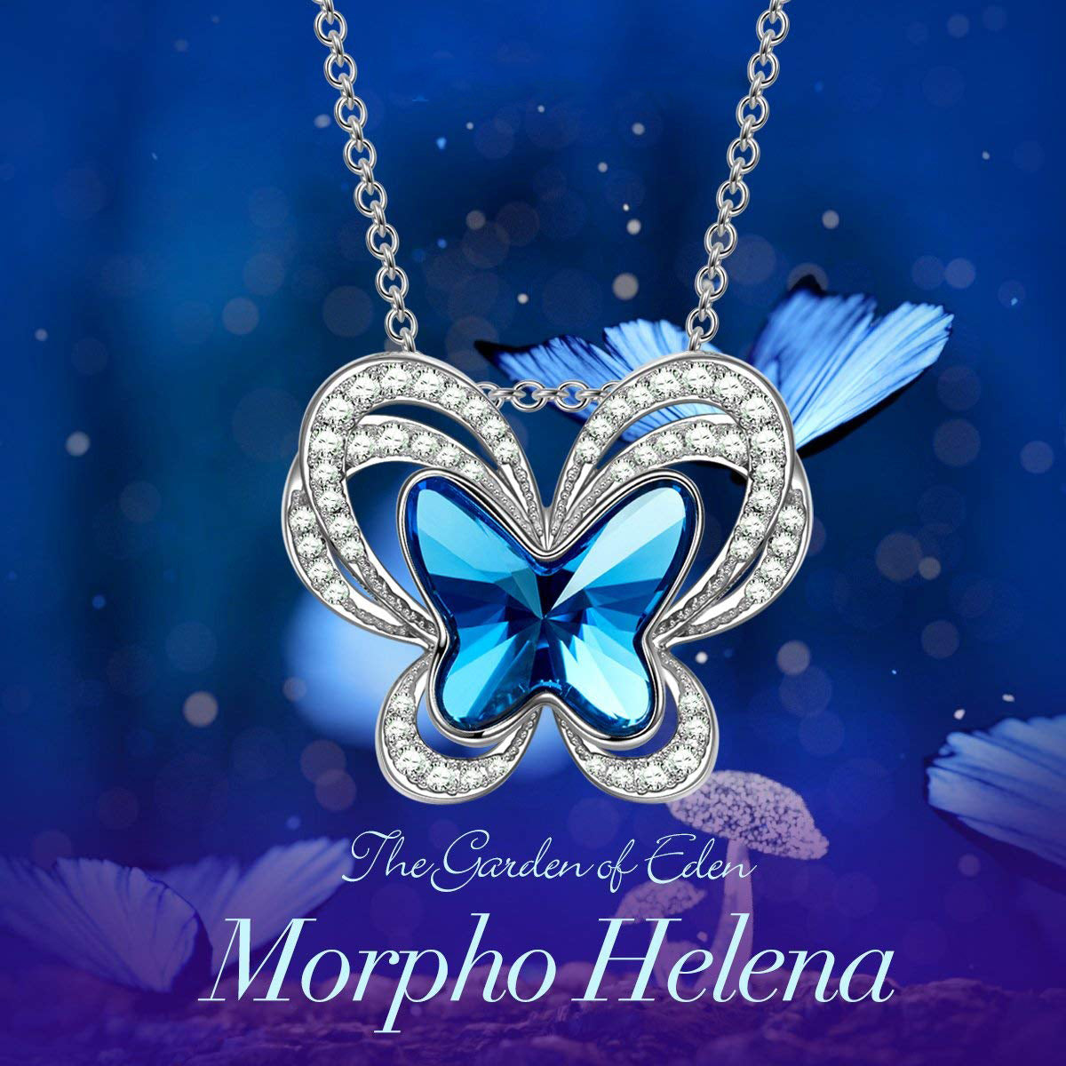 Bermuda Blue Flying Butterfly Pav'e Necklace featuring a butterfly pendant with AAAAA crystals on a 14K white gold plated link chain.