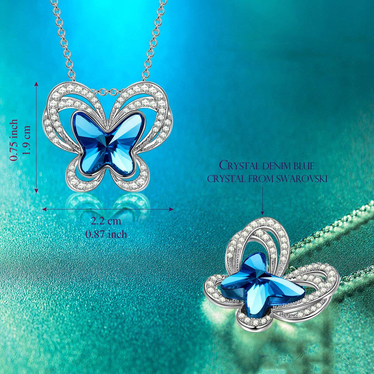 Bermuda Blue Flying Butterfly Pav'e Necklace featuring a butterfly pendant with AAAAA crystals on a 14K white gold plated link chain.
